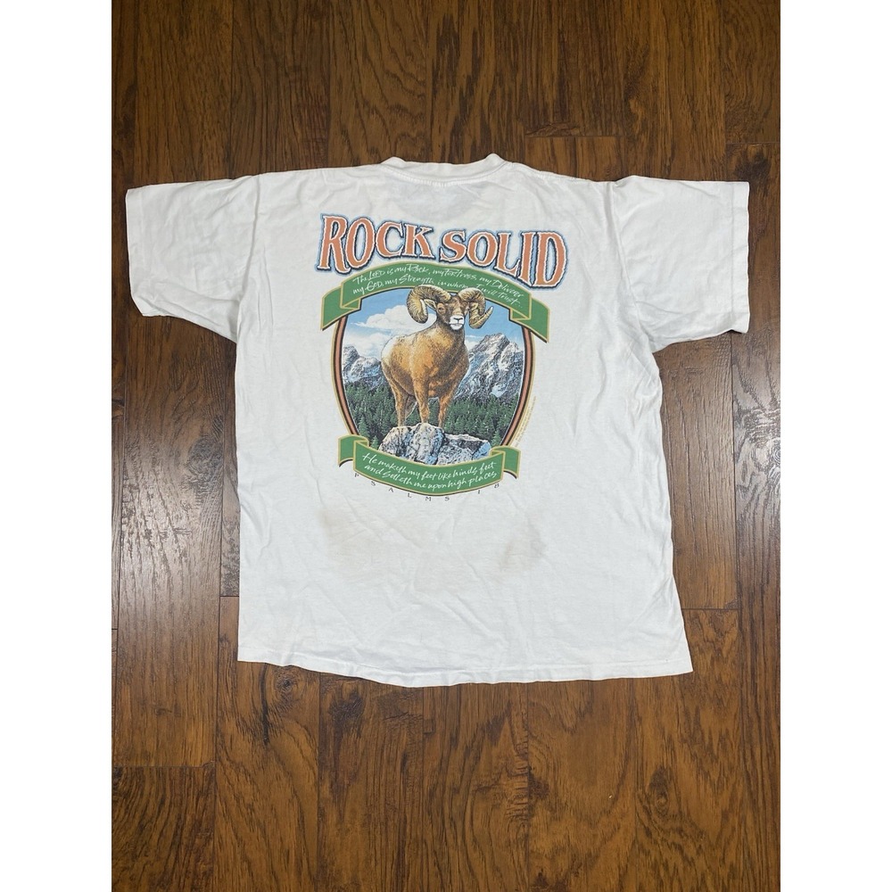 Vintage 1991 Center Cut Rock Solid Psalm 18 Bighorn Sheep White T-Shirt Large